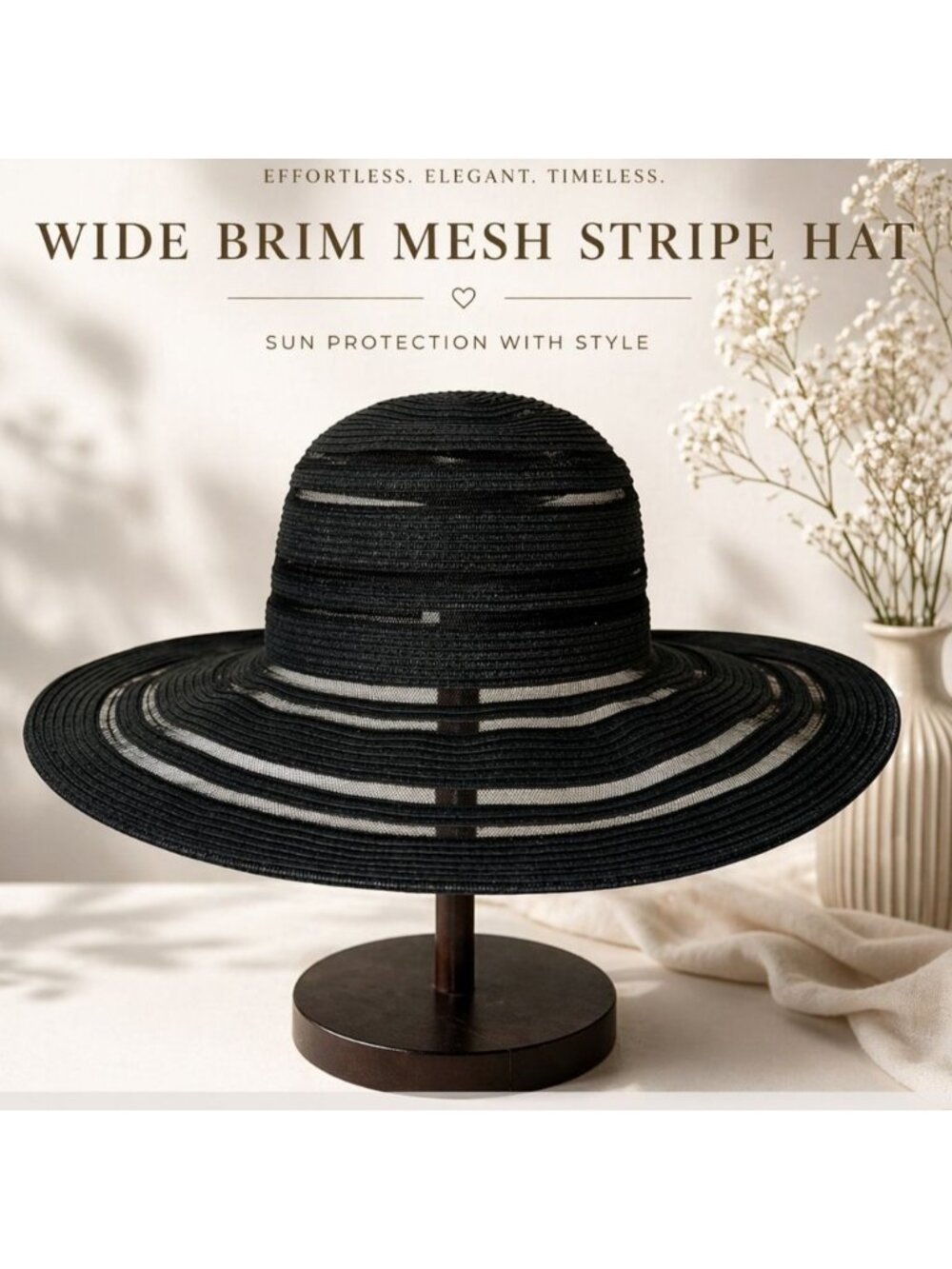 Black Wide Brim Sun Hat Mesh Stripe Lightweight Beach Travel Euro Summer Resort